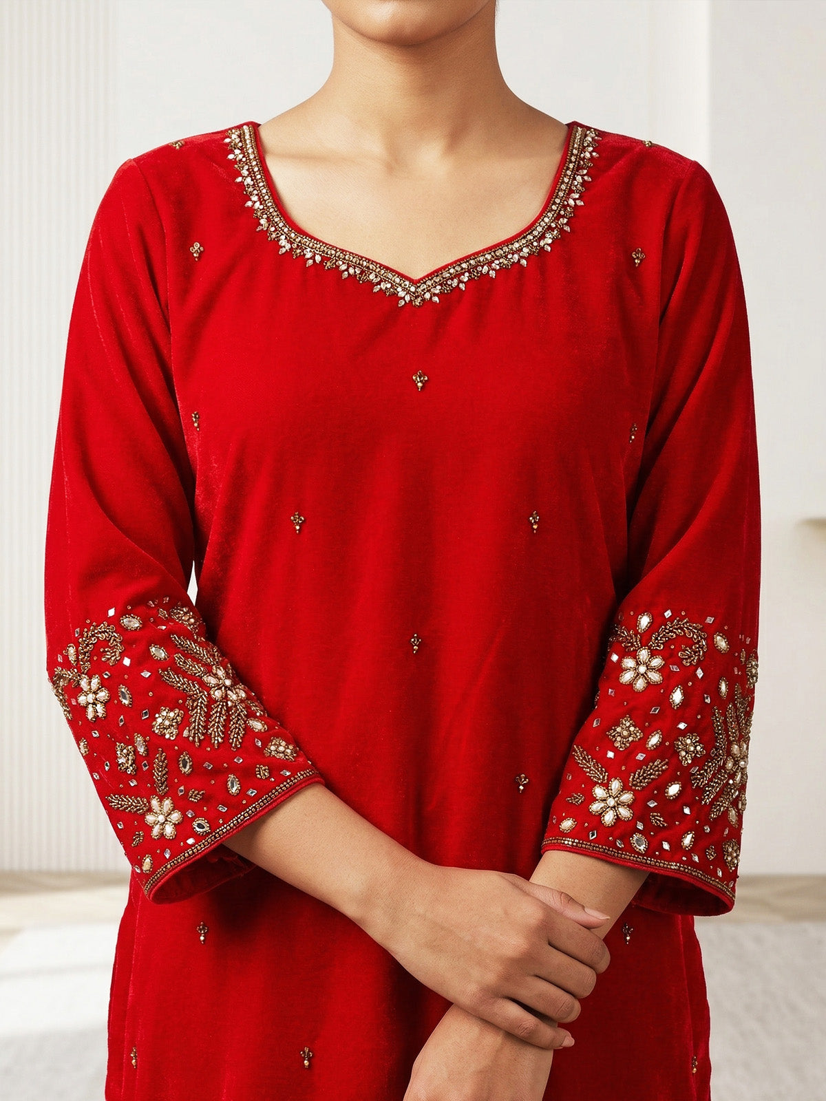 Velvet Handworked Slitted Top & Bottom