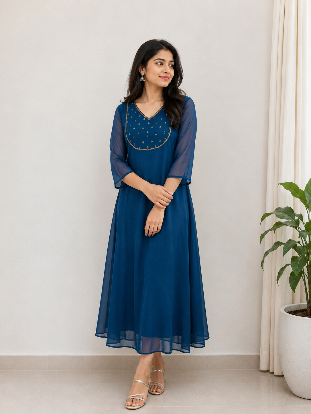 Georgette with hand embroidery yoke dress