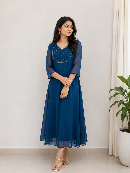 Georgette with hand embroidery yoke dress
