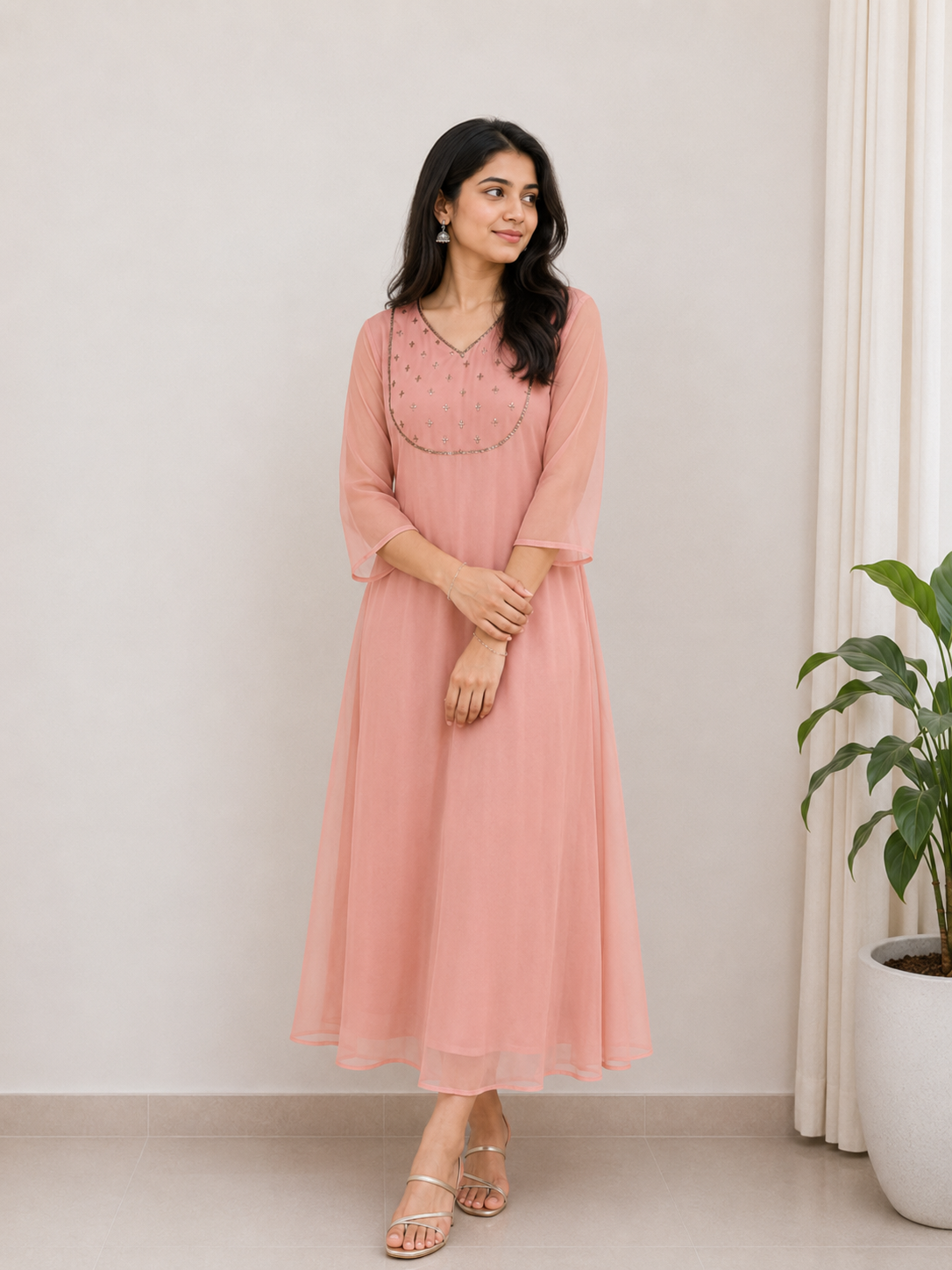 Georgette with hand embroidery yoke dress