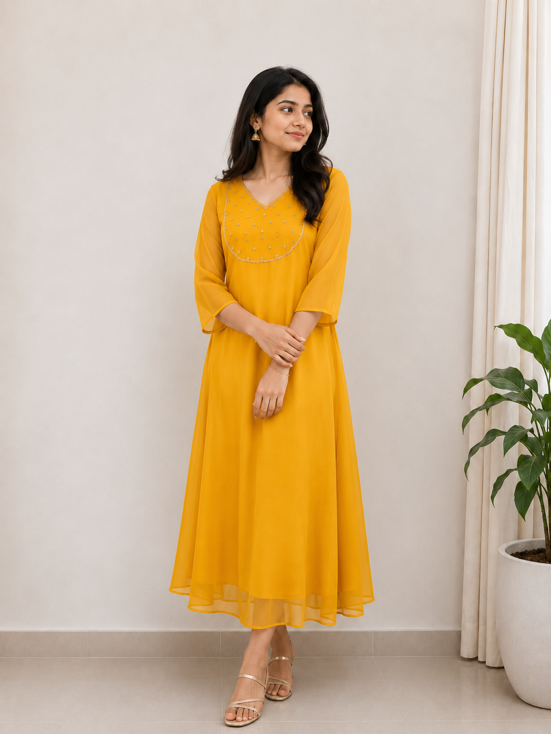 Georgette with hand embroidery yoke dress