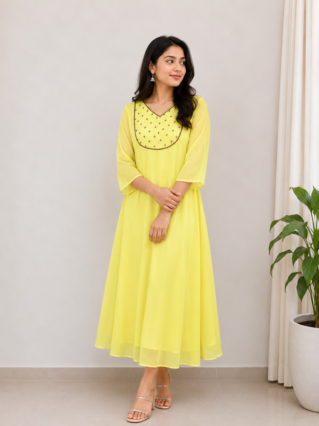 Georgette with hand embroidery yoke dress
