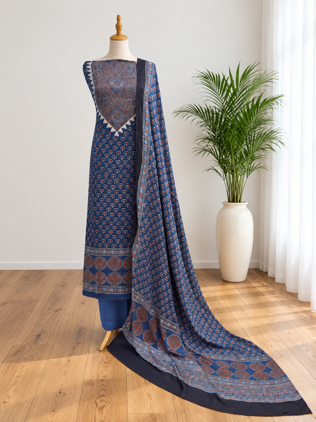 Handblock Ajrakh Modal Silk Suit Set