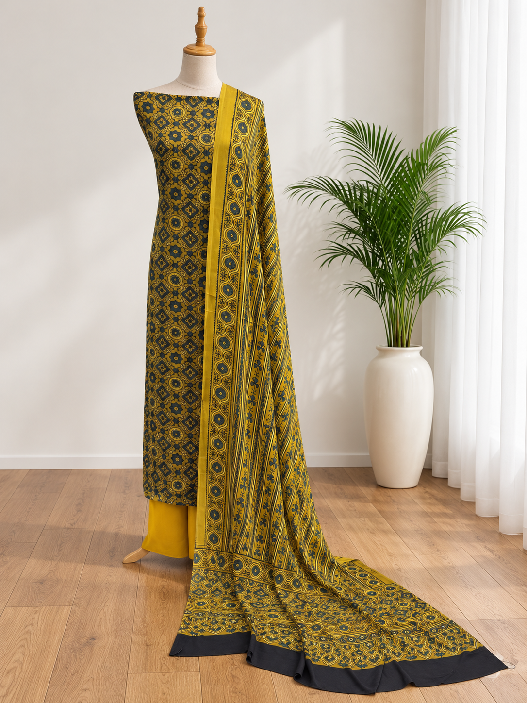 Handblock Ajrakh Modal Silk Suit Set