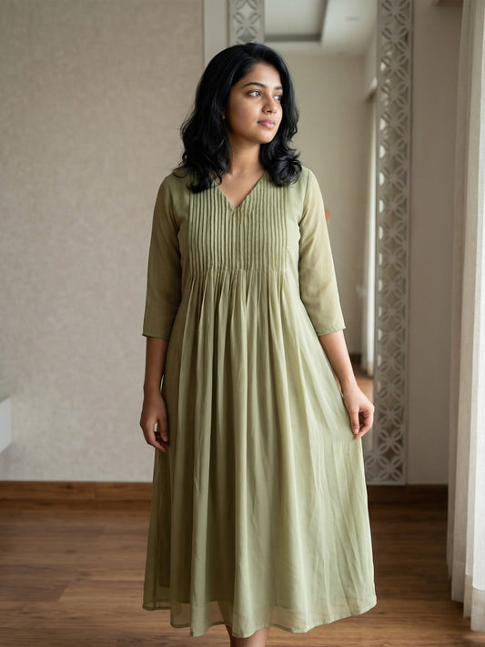 A-Line Plated Yoke Dress