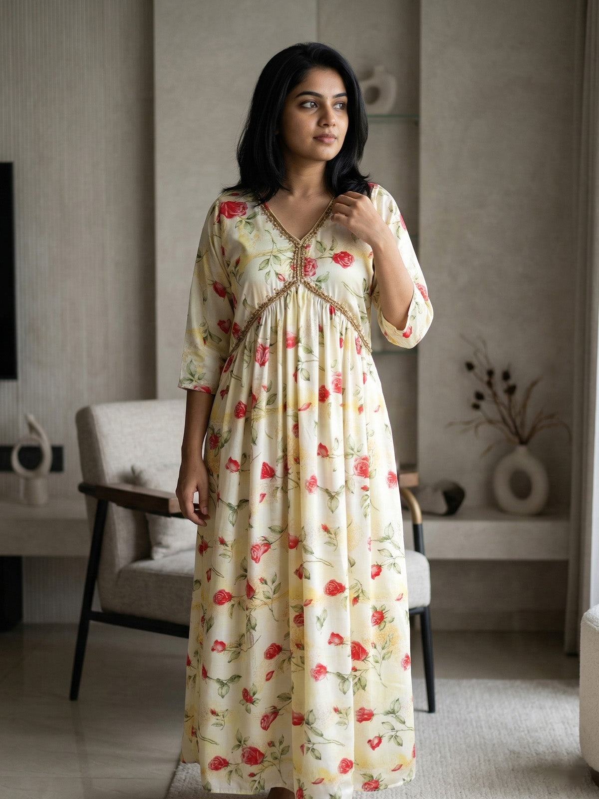 Aliya Cut Pleated Handwork Dress